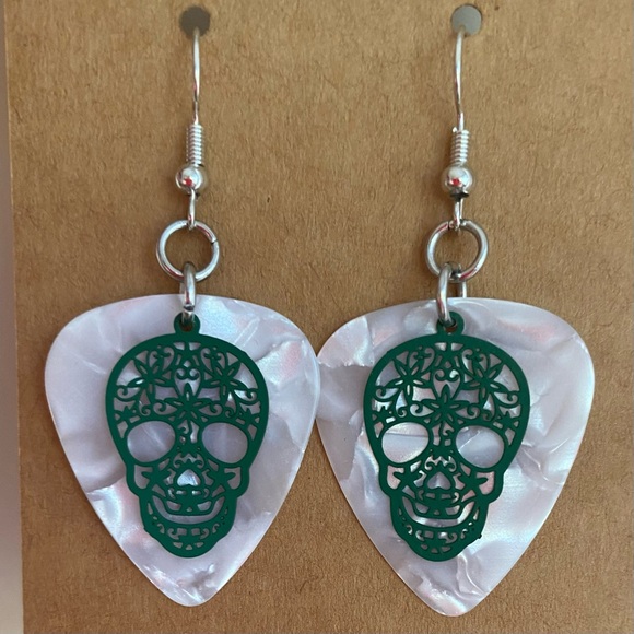 Hand Crafted Jewelry - Handcrafted Guitar Pick Green Sugar Skull Earrings